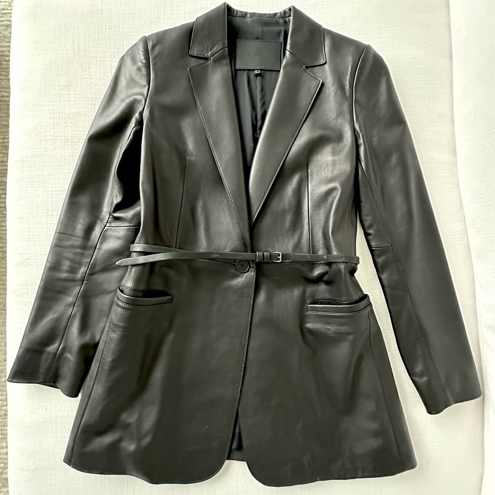 Massimo Dutti Black Leather jacket with detachable belt (genuine leather)